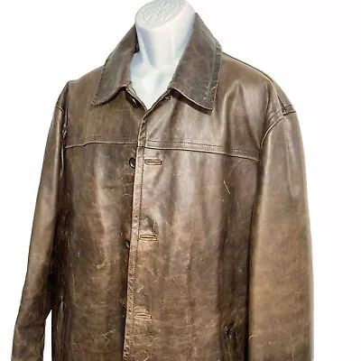 J. Crew Brown Leather Jacket Coat Button Front Cotton Lined Insulated Men Sz XL • $75