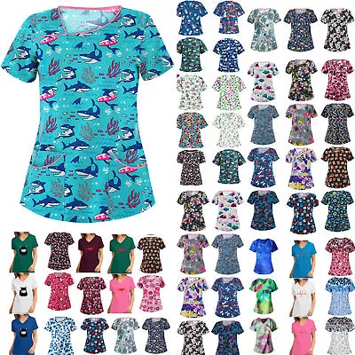 $17.79 • Buy AU Women Printed Medical Uniform Nursing Scrub Short Sleeve Summer T-Shirt Tops