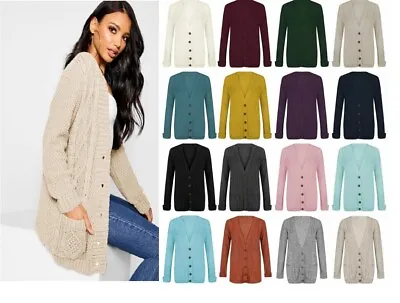 £12.15 • Buy Grandad Cable Knit Cardigan Chunky Button Long Sleeves Womens Ladies Plus Sizes