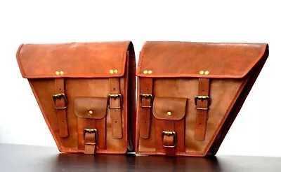 Goat Leather Two Motorcycle Side Pouch Panniers Vintage Saddle Bag Brown • $64.60