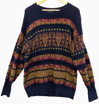 LIMNOS Mens Vintage 80's Navy Fair Isle 100% Wool Knit Jumper Sweater - Size L • $49.32