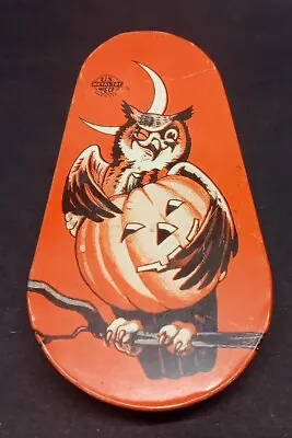 VTG HALLOWEEN Tin Toy NOISEMAKER Winking Owl & Pumpkin US Metal Toy MFG Co. • $22