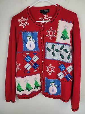 Vintage Christmas Sweater Cardigan Womens L Red Embroidered Ramie Blend Grandma • $27.99