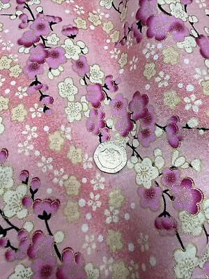 Japanese Pink Floral Metallic 100% Cotton 150cm Wide Sold By Continuous Meters • £11.99