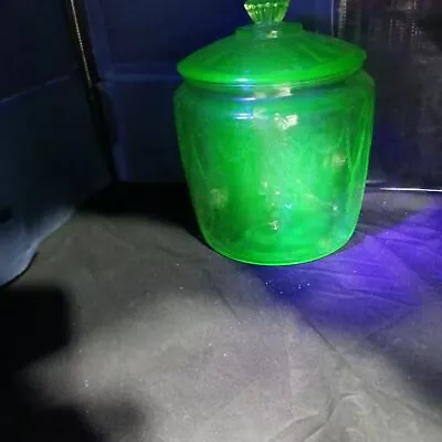 Vintage Dancing Girl Green Uranium Depression Glass Cookie Biscuit Candy Jar • $42