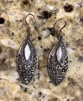 Art Deco Style Sterling Silver Filigree~Marcasite~Moonstone Earrings 2” Dangle • $24