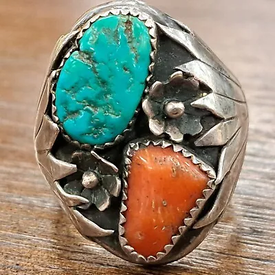 Native American Navajo Sterling Silver Turquoise & Red Coral Mens Ring Sz 12.5 • $299.99