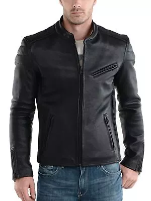 New Leather Jacket Mens Biker Motorcycle Real Leather Coat Slim Fit Black #1114 • $118