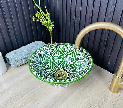 Moroccan Green Bathroom Vessel Sink Handcrafted Artisan Sink Washbasin • $190