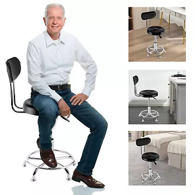 Leather Work Shop Stool Height-Adjustable Chair Garage Seat Footrest With Back • $57.95