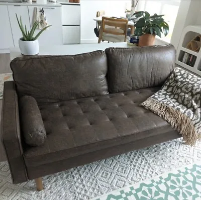 Vintage Style Mid Century Modern Crackle Faux Brown Leather Tufted Sofa • $599