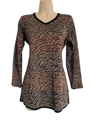 Misook XS Black Brown V Neck Knit Sweater Stretchy No Wrinkle Long Sleeve Print • $34.99