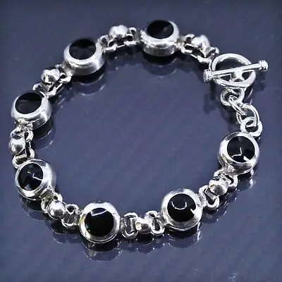 7” Vintage Mexican Sterling Silver 925 Handmade Bracelet W/ Circle Onyx Inlay • $64