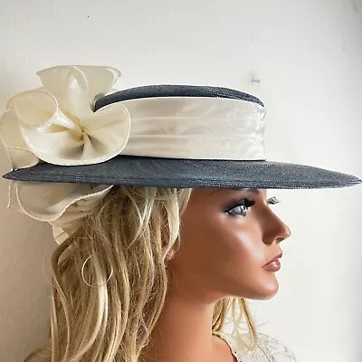 Vintage Sonni San Francisco Navy Derby Natural Straw Hat Cream Ruffles • $85