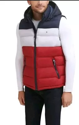 Tommy Hilfiger Hooded Puffer Vest - Red/White/Navy Flag - Size Large • $55
