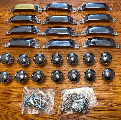 26 Pc.vintage 1960's Mcm Cabinet Cup Handles & Knobs Polished Chrome Over Brass • £19.03