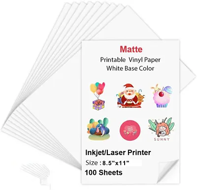 100 Printable Vinyl Sticker Paper Matte 8.5 X 11 For Cricut Inkjet Laser Printer • $16.49