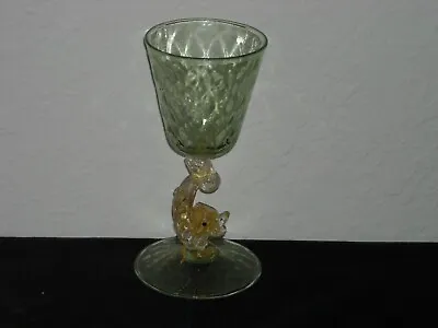 Salviati Murano Blown Glass Dolphin Stemmed Wine Goblet   Green W/ Gold Flecks • $95