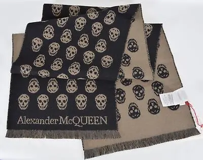 $421.20 • Buy New Alexander McQueen 624425 Black Taupe Wool Reversible Upside Down Skull Scarf