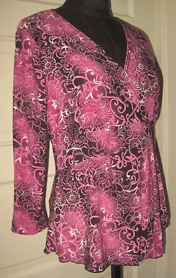 B. MOSS TAILOR 3/4 Sleeve V-Neck Pink Floral Pullover Shirt Silky Blouse Top S • $12.25