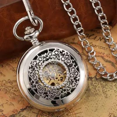 Men's Mechanical Pocket Watches Skeleton Dial With Fob Chain  Silver/Black Gifts • £19.91