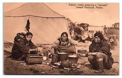 Eskimo Women Preparing A Banquet Seward Peninsula Alaska Postcard *5I4 • $14.95