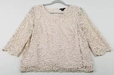 H&M Blouse Women’s Medium Beige Lace Crewneck ¾ Sheer Lace Sleeve Lined Romantic • $15.29