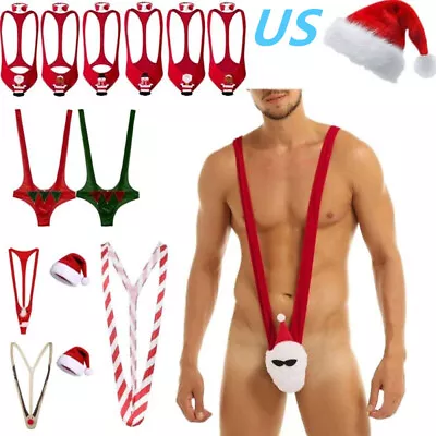 US Mens Chrismtas Lingerie Santa Claus Underwear Mankini Bodysuit Hat Set Xmas • $12.59