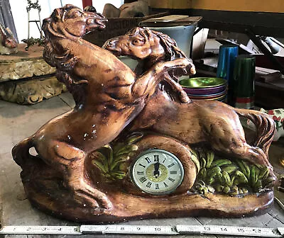 Large 18” Long Vintage Pottery Ceramic Mold Fighting Horses Clock F&R 1980 • £31.61