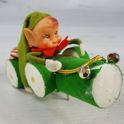 Vintage Rubber Face Pixie Elf In 4.5  Green Race Car Figure Flocked Foam Pick • $39.99