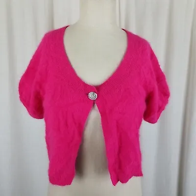 Express Angora Rabbit Hair Sweater Hot Pink Bombshell Knit Shrug Crop Womens M • $50.99