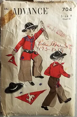 Advance Cowboy With Chaps Costume Sewing Pattern 704 Size 4 1950's • $37.98