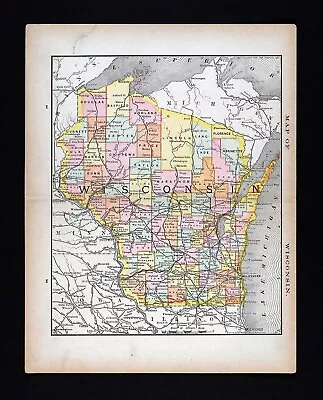 1885 McNally Map Wisconsin Madison Milwaukee Green Bay Hayward Ashland Apostle I • $16