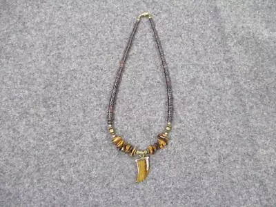 Vintage Shark Tooth Tiger Eye Necklace Heshe Beads Screw Barrel Clasp • $17.50