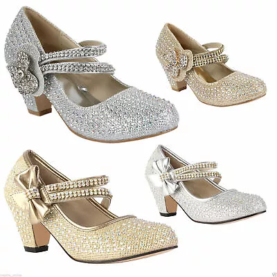 Girls Childrens Kids High Mid Heel Diamante Party Shoes Bridesmaid Sandals Size • £9.99