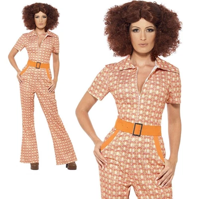 Authentic 70's Retro Chick Ladies Jumpsuit Catsuit Fancy Dress Outfit S-XL • £32.99