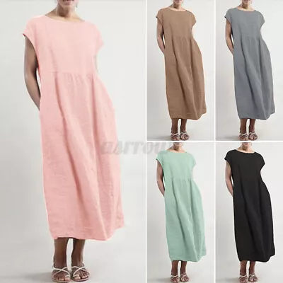 ZANZEA Women Plus Size Cotton Linen Sundress Kaftan Beach Club Party Long Dress • $20.39