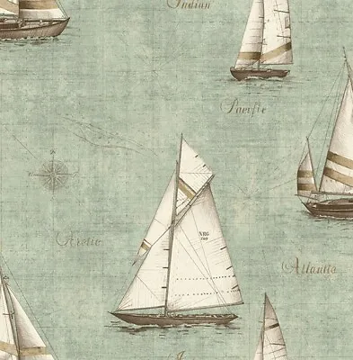 Wallpaper Nautical Off White Tan Brown Sailing Ships On Green Map 56 Sq Ft Bolt • $37.49