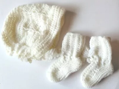 White Hand Knitted Baby Bonnet & Booties • £0.99