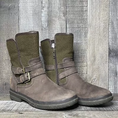 Womens Ugg Simmens Olive Green Brown Leather Shearling Waterproof Boots Size 6 M • $54.99