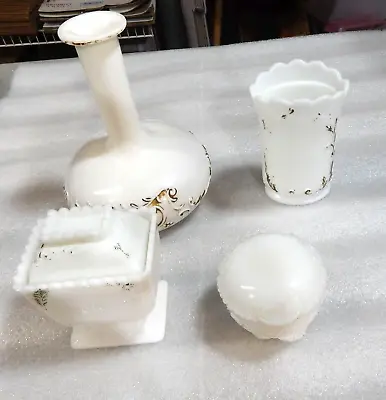 Antique 4 Pc Dithridge White Milk Glass Bottle Jar Vanity Box 1880s Victorian • $15