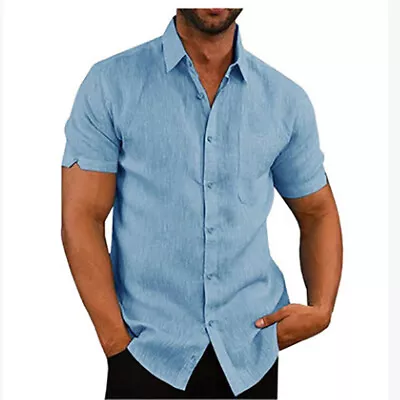 Mens Short Sleeve Linen Shirts Summer Casual Loose Solid Shirt Blouse Tops • £9.55