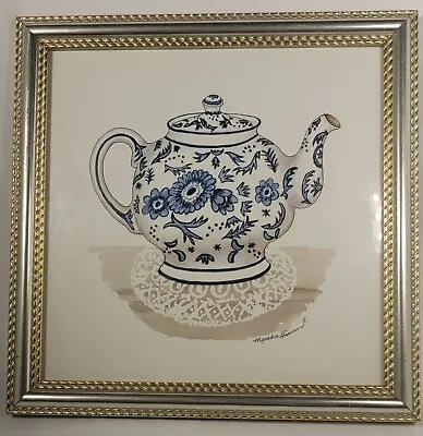 Martha Hinson Teapot Blue And White Porcelain Print Pencil Signed Framed 9 By 9 • $23