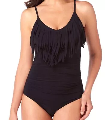 $162 Magicsuit Women's Black Blaire Fringed V-Neck One-Piece Swimsuit Size 10 • $51.98