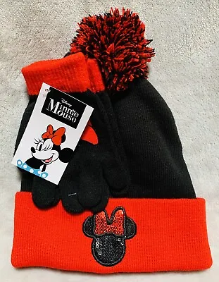 NEW Disney Minnie Mouse Girls Sequin Silhouette Beanie Hat & Gloves Set • $19.99