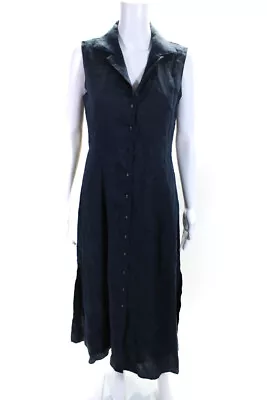 Magaschoni Womens Linen Collar Sleeveless Button Up Maxi Dress Navy Size M • $69.99