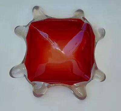 Murano Art Glass Ashtray Square Red Amber Sommerso Asymmetric  Heavy 7.75  VTG • $44.46