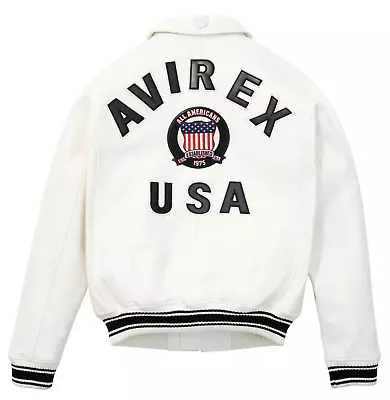 Men's Avirex Real Leather Jacket White Flight Bomber American Jacket Varsity USA • $119.99