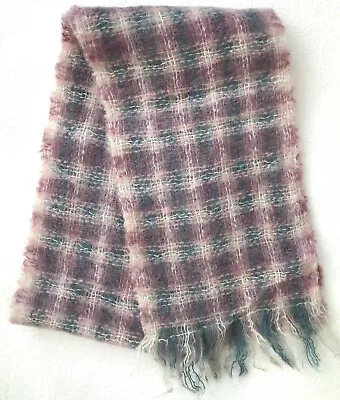 Heather-Glen 70% Mohair 30% Wool Scarf Soft Pink Blue Plaid 9” X 65” Vintage • $20