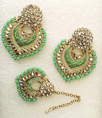 Bridal Maang Tikka Earrings Set Bollywood Pearl Green Gold Tone Indian Jewelry • $21.93